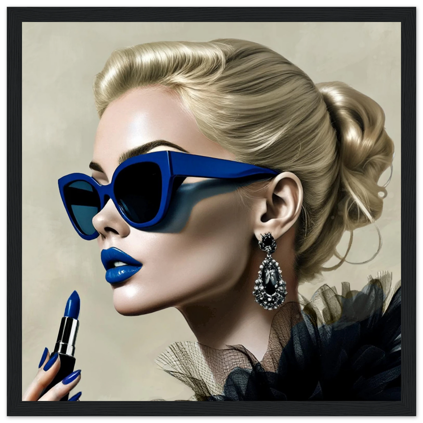 Retro Fashion Model Blue Lipstick Art Print 30x30 cm 12x12″ Premium Matte Paper Wooden Framed Poster