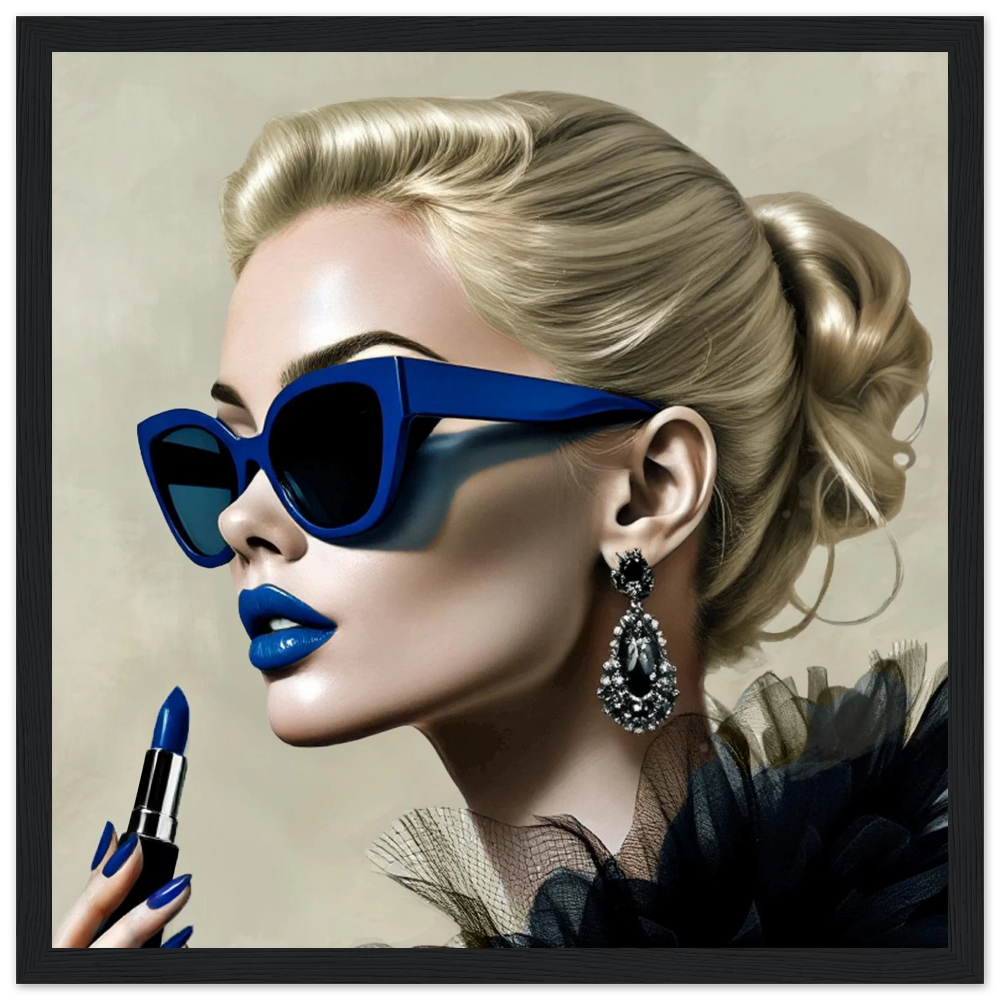 Retro Fashion Model Blue Lipstick Art Print 30x30 cm 12x12″ Premium Matte Paper Wooden Framed Poster