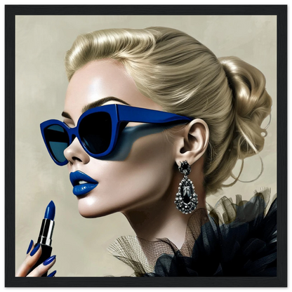 Retro Fashion Model Blue Lipstick Art Print 30x30 cm 12x12″ Premium Matte Paper Wooden Framed Poster