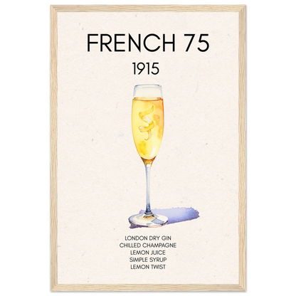 French 75 Cocktail Art Print Light Wood Frame 30x45 cm 12x18″ Premium Matte Paper Wooden Framed Poster