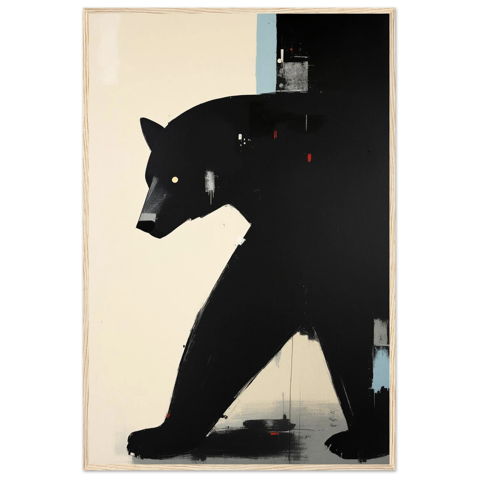 Minimalist Abstract Black Bear Art Poster Print Light Wood Frame 60x90 cm 24x36″ Premium Matte Wooden Framed Poster