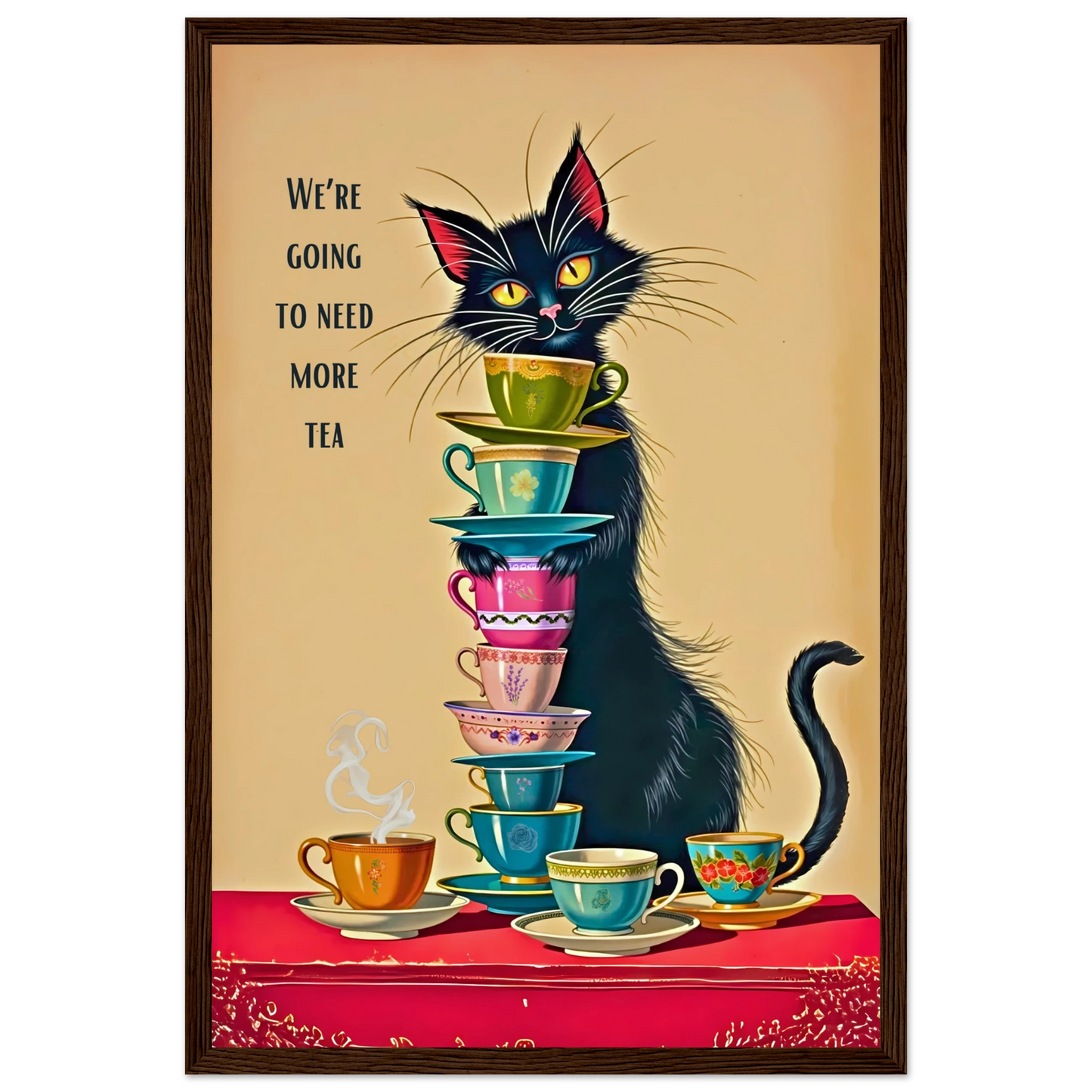 Quirky Cat Funny Tea Art Print 30x45 cm 12x18″ Classic Matte Paper Wooden Framed Poster Dark Brown Wood Frame