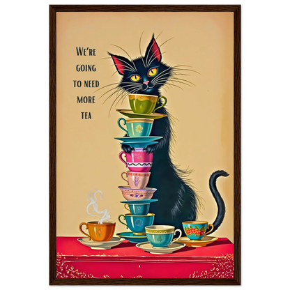 Quirky Cat Funny Tea Art Print 30x45 cm 12x18″ Classic Matte Paper Wooden Framed Poster Dark Brown Wood Frame