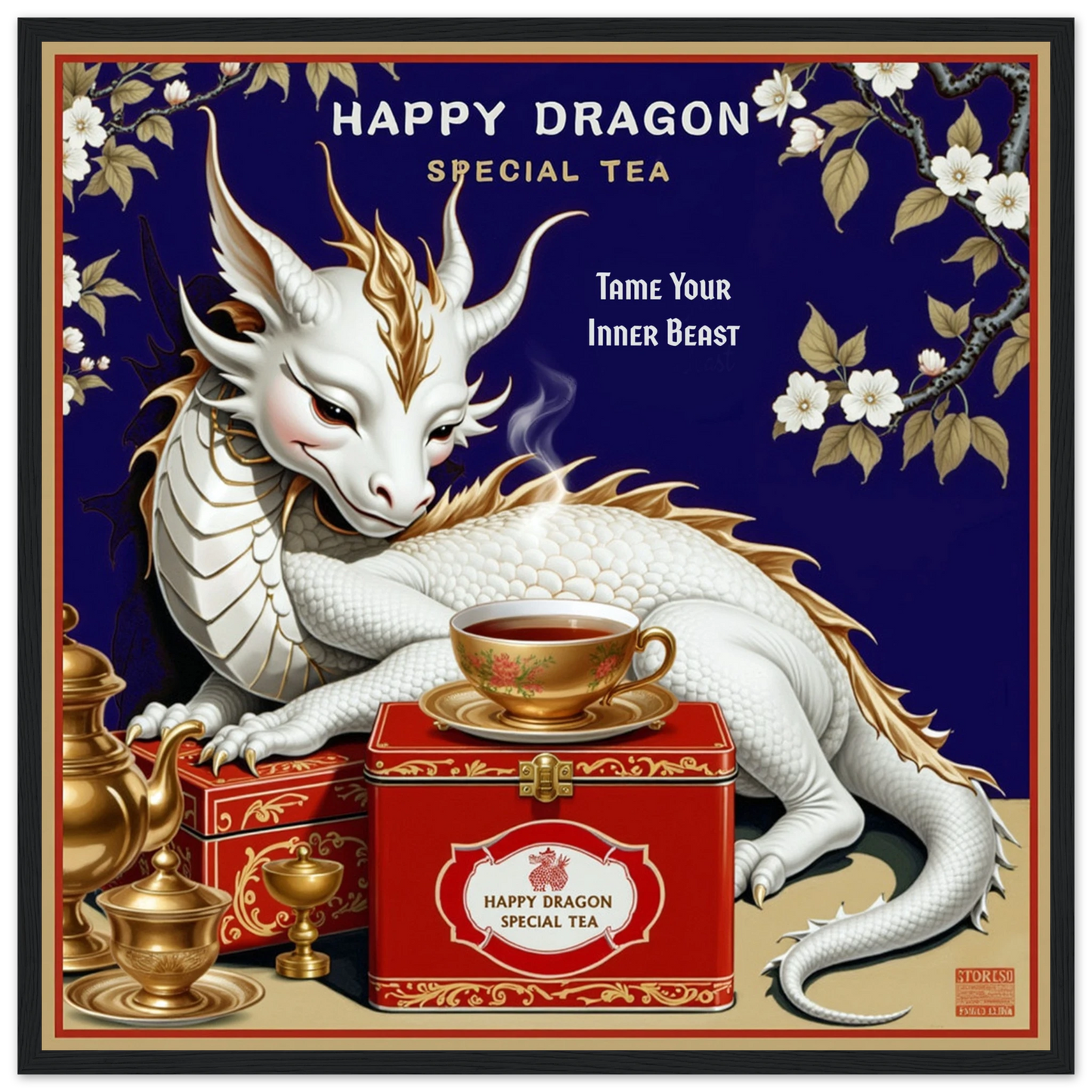 Happy Dragon Tea Art Print 50x50 cm 20x20″ Classic Matte Paper Wooden Framed Poster Black Wood Frame