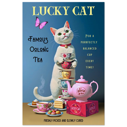 White Lucky Cat Tea Vintage Fine Art Print No Frame 40x60 cm 16x24″ Museum-Quality Matte Paper Poster