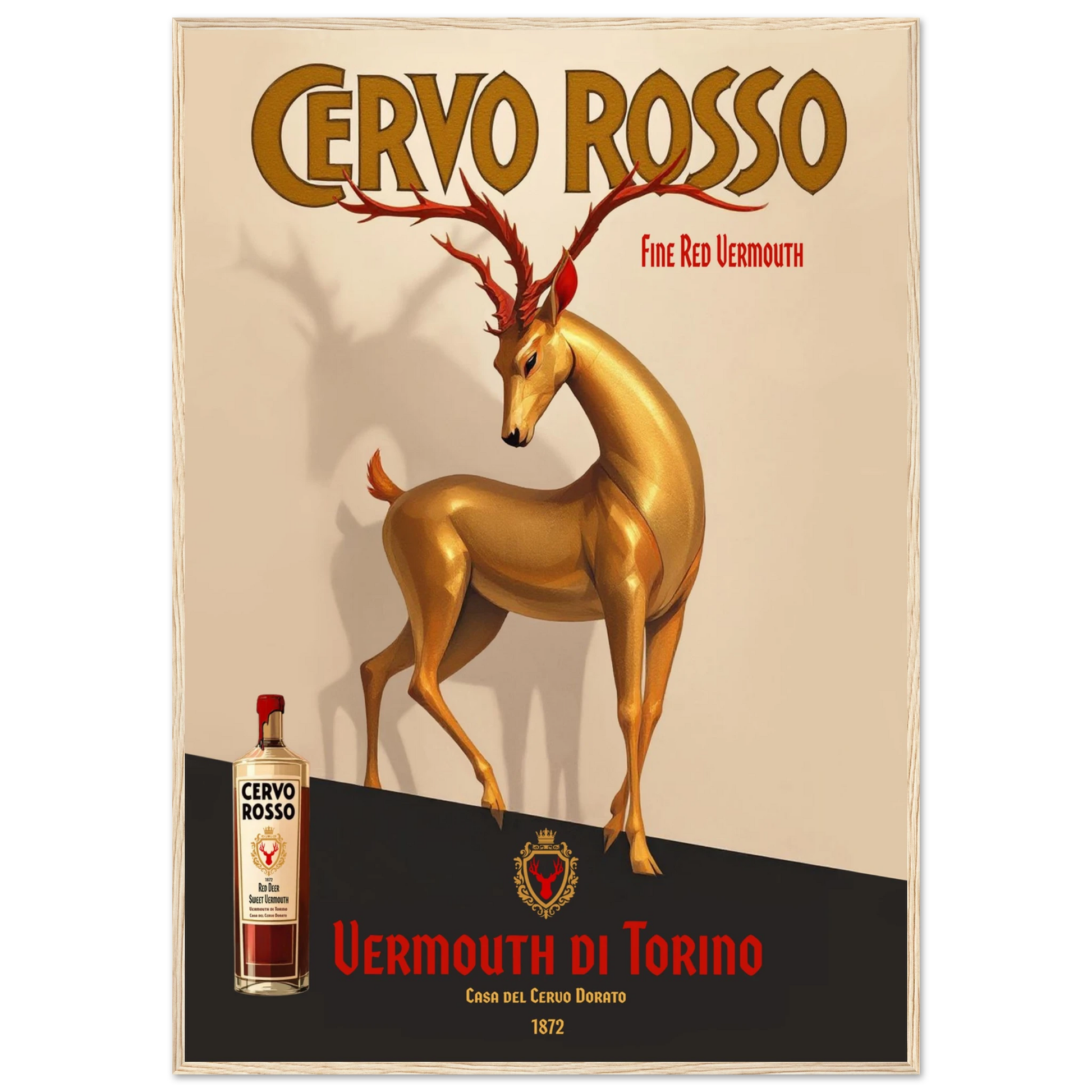 Art Deco Golden Deer Cocktail Bar Poster Print 70x100 cm 28x40″ Classic Matte Paper Wooden Framed Poster Light Wood Frame