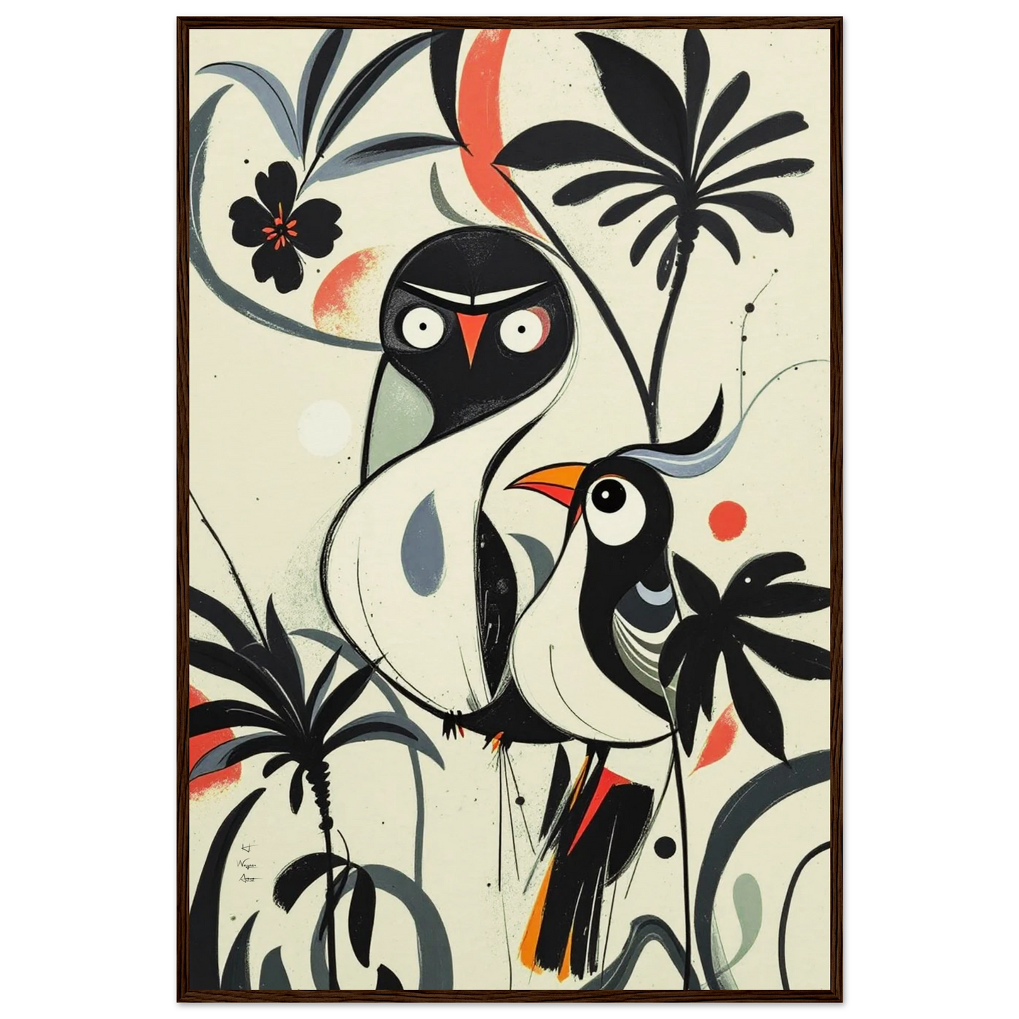 Abstract Bird Modern Tropical Art Print Dark Brown Wood Frame 60x90 cm 24x36″ Museum-Quality Matte Wooden Framed Poster