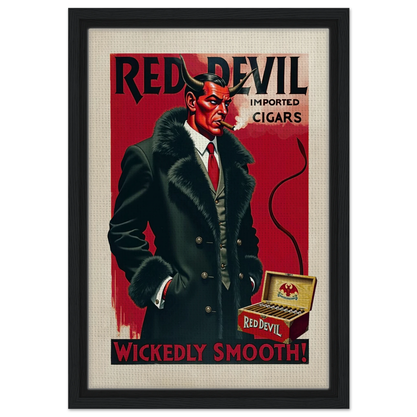 Red Devil Art Deco Cigar Art Print 30x45 cm 12x18″ Framed Canvas Black Wood Frame