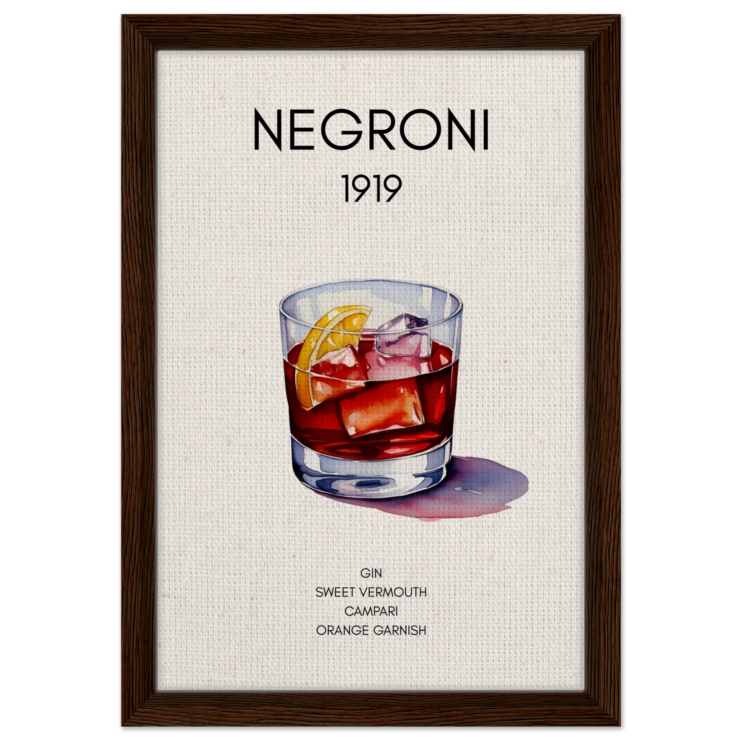 Negroni Cocktail Bar Poster Print Dark Brown Wood Frame 30x45 cm 12x18″ Framed Canvas