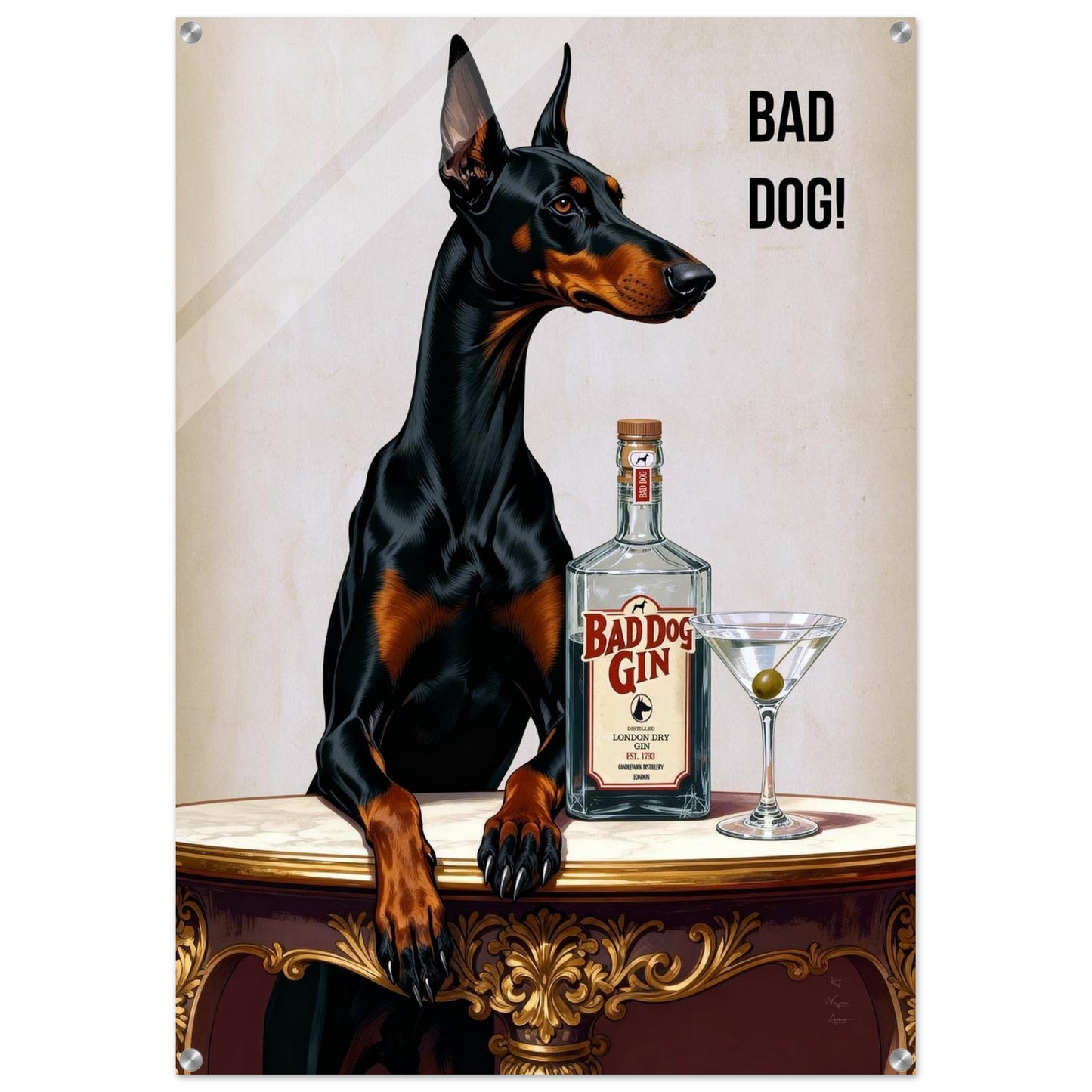 Bad Dog Gin Cocktail Bar Art Print 40x60 cm 16x24″ Museum-Quality Matte Framed Poster Dark Brown Wood Frame