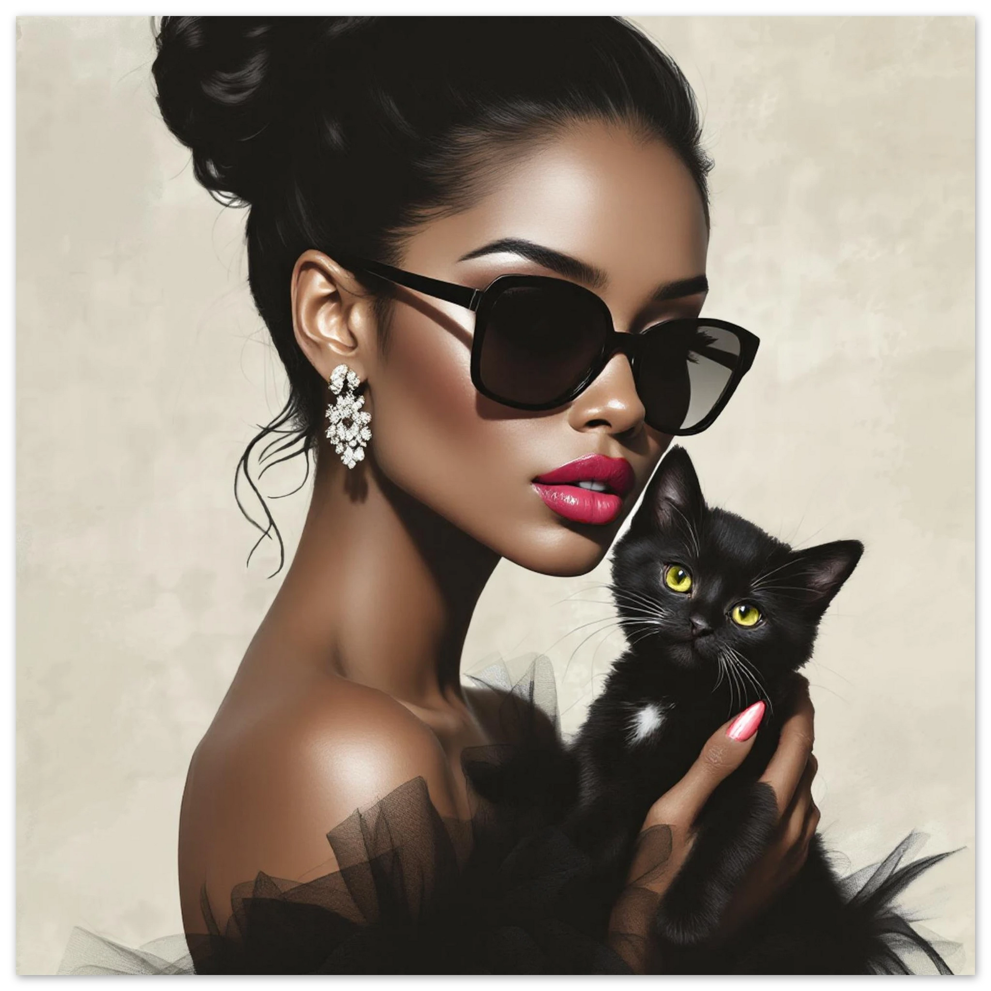 Retro Glam Fashion Model Kitten Art Print Classic Matte Paper Poster 40x40 cm 16x16″