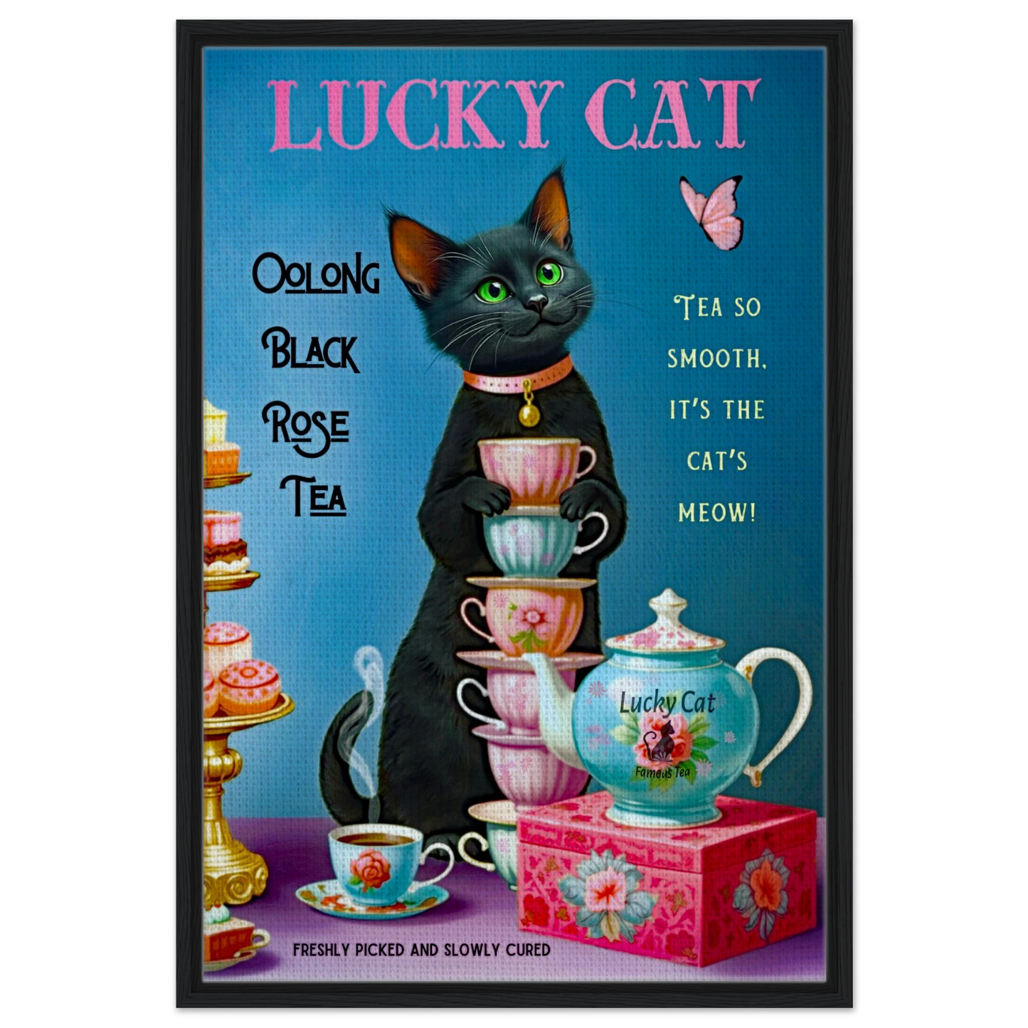 Lucky Cat Vintage Oolong Tea Art Print 60x90 cm 24x36″ Framed Canvas Black Wood frame