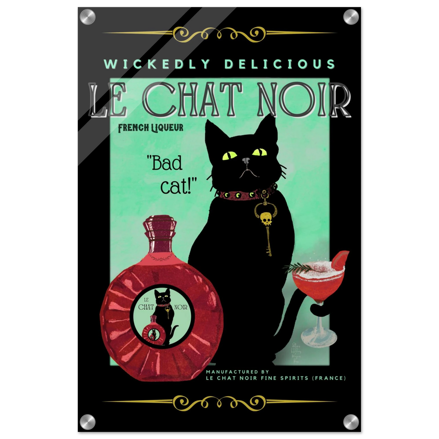 Black Cat Cocktail French Art Deco Print 40x60 cm 16x24″ Sleek Acrylic Print No Frame