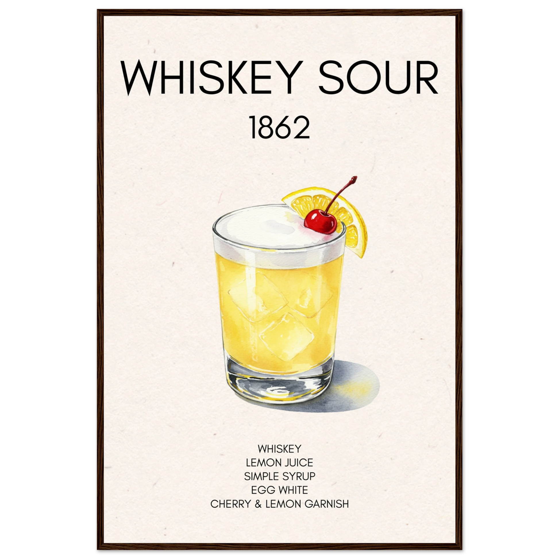 Whiskey Sour Cocktail Bar Art Print Dark Brown Wood Frame 60x90 cm 24x36″ Premium Matte Paper Wooden Framed Poster