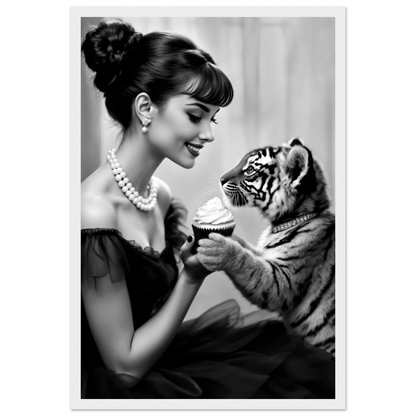 Audrey Hepburn Tiger Cub Art Print White Wood Frame 30x45 cm 12x18″ Classic Matte Paper Wooden Framed Poster