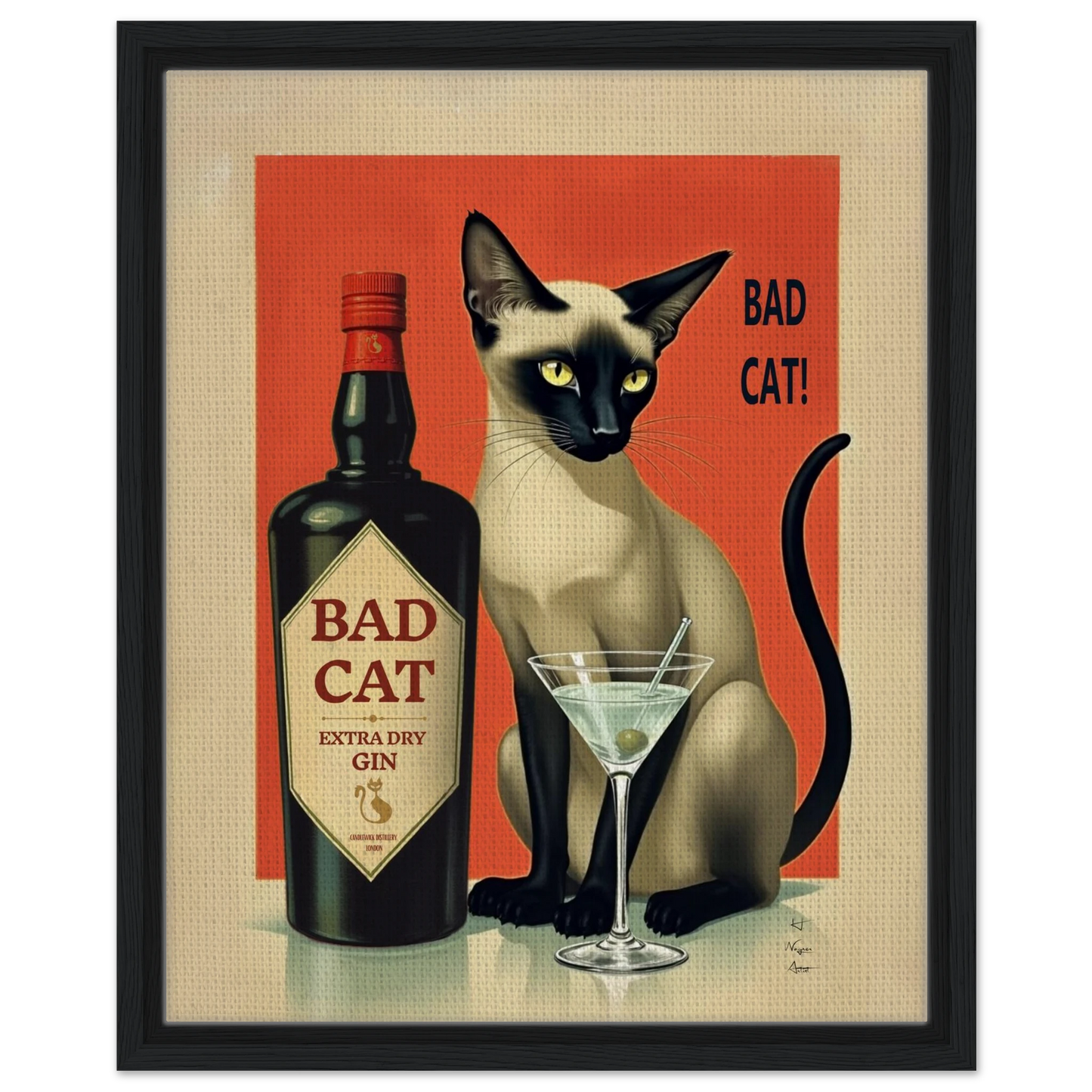 Siamese Cat Gin Martini Cocktail Art Print 40x50 cm 16x20″ Framed Canvas Black Wood Frame