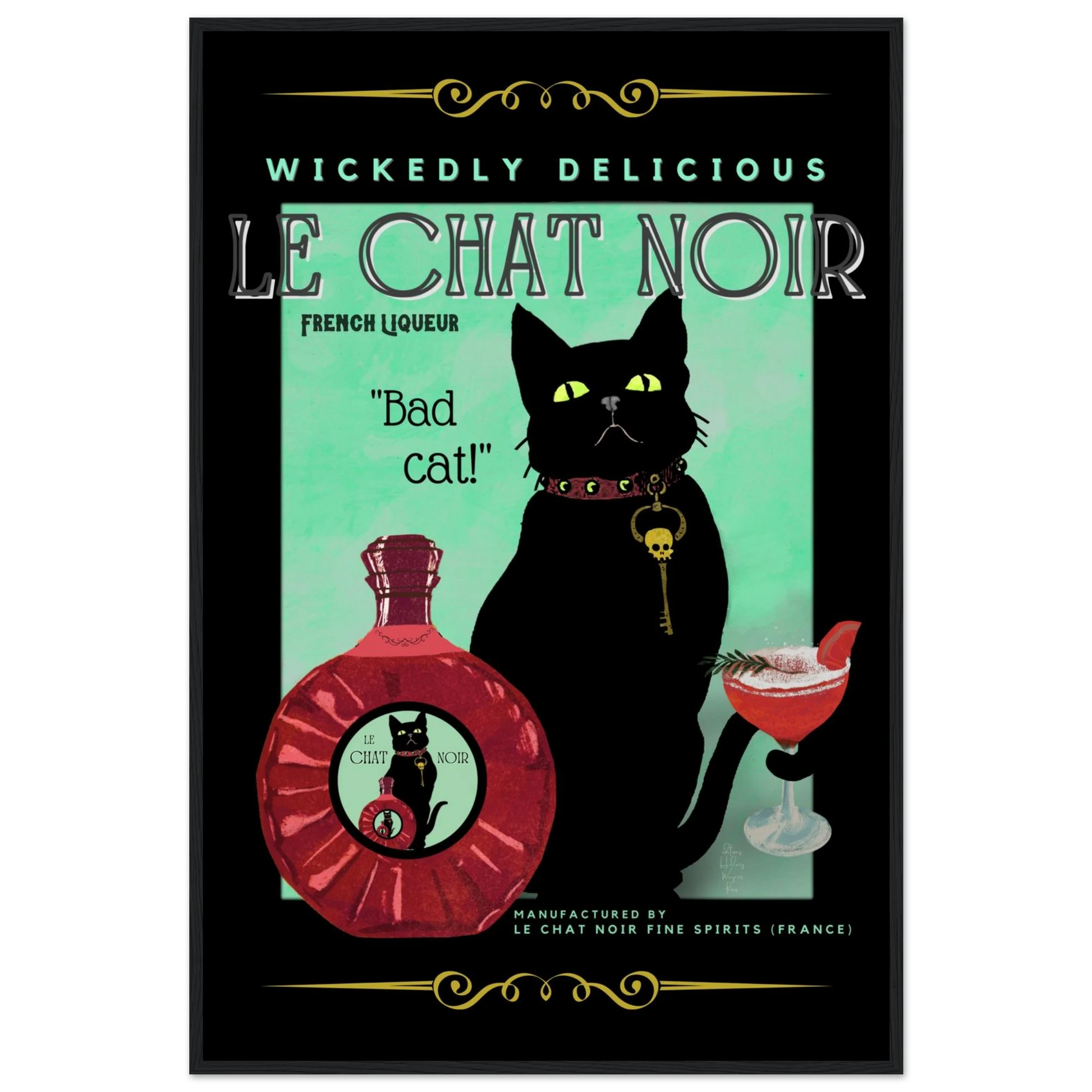 Black Cat Cocktail French Art Deco Print 60x90 cm 24x36″ Classic Matte Paper Wooden Framed Poster Black Wood frame