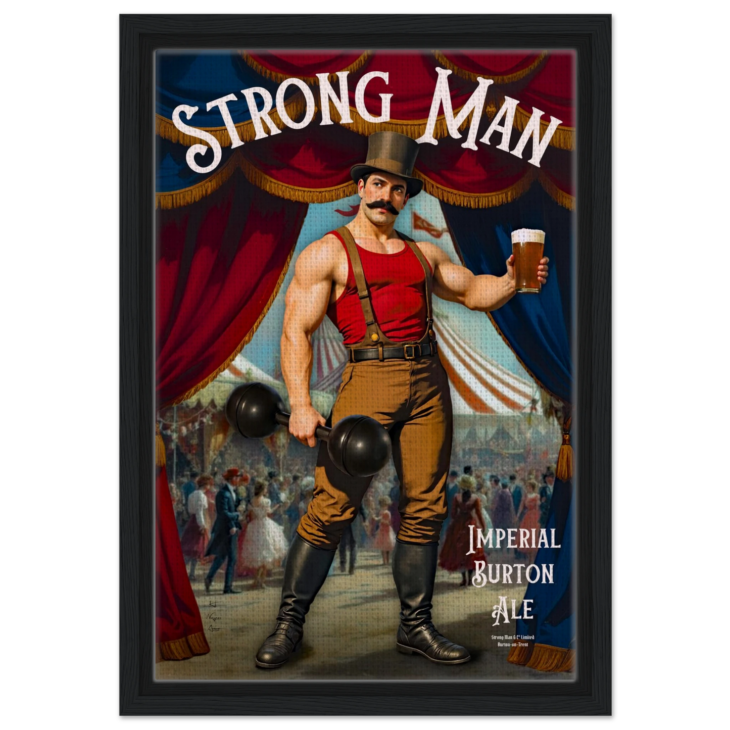 Vintage Victorian Circus Strongman Ale Art Print Black Wood Frame 30x45 cm 12x18″ Framed Canvas