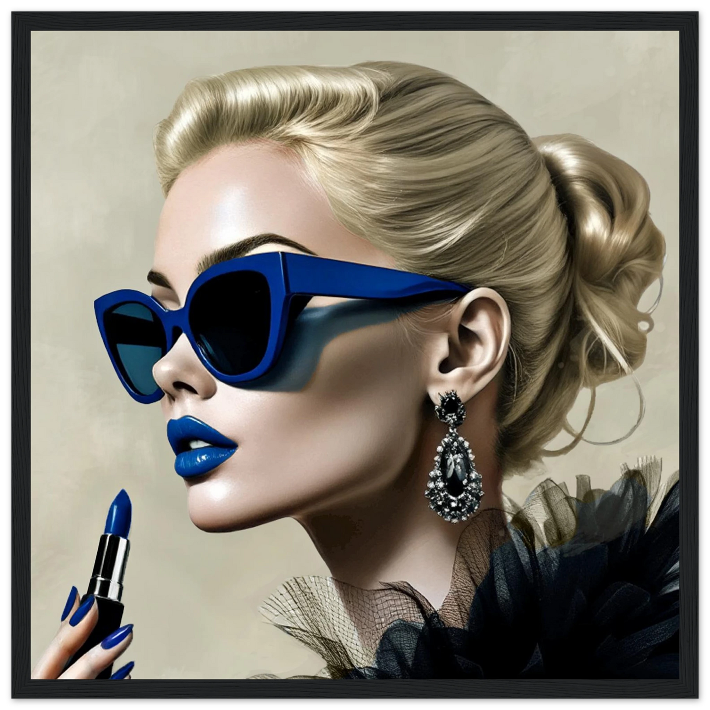 Retro Fashion Model Blue Lipstick Art Print 40x40 cm 16x16″ Classic Matte Paper Wooden Framed Poster