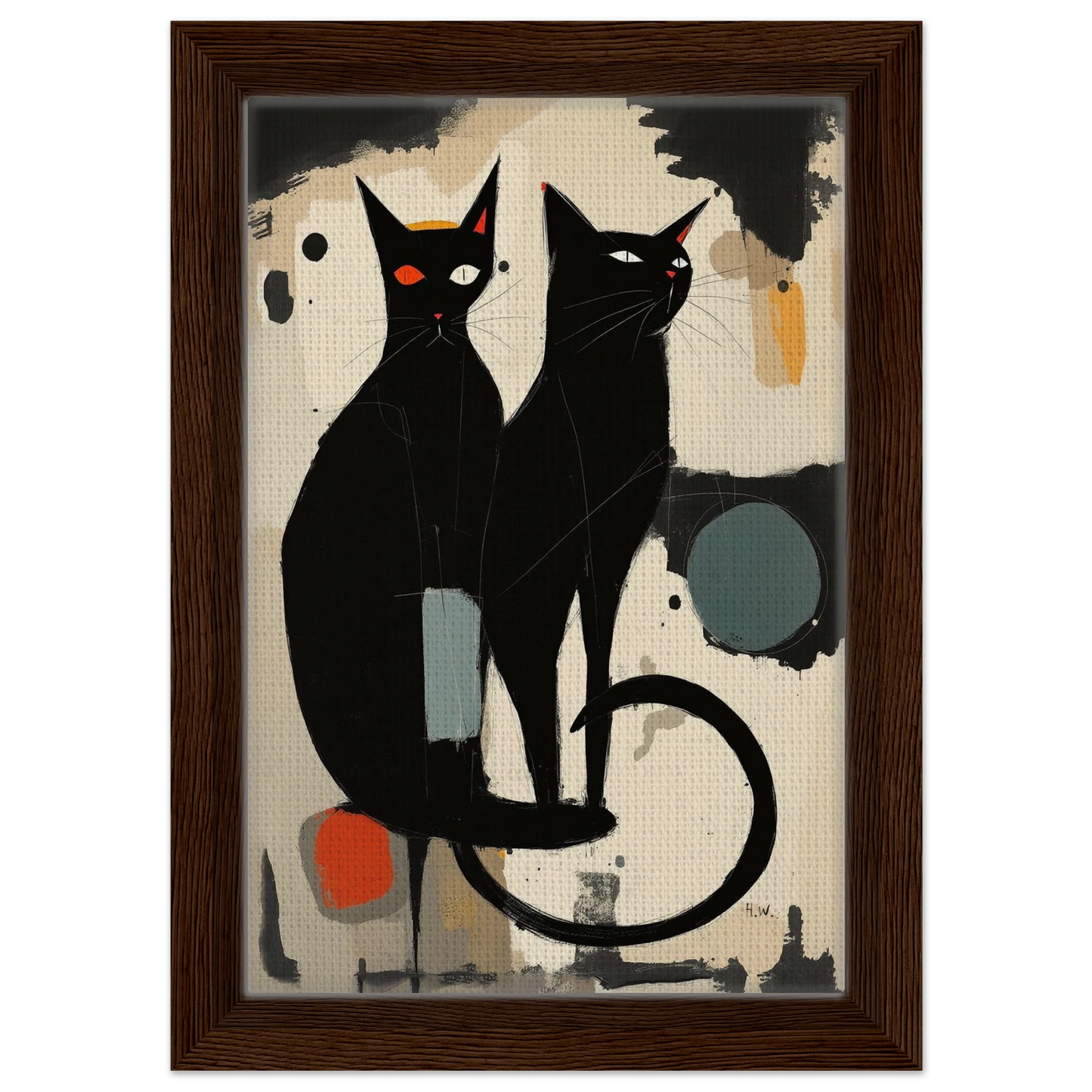 Abstract Crazy Cat Duo Art Print Dark Brown Wood Frame 20x30 cm 8x12″ Framed Canvas