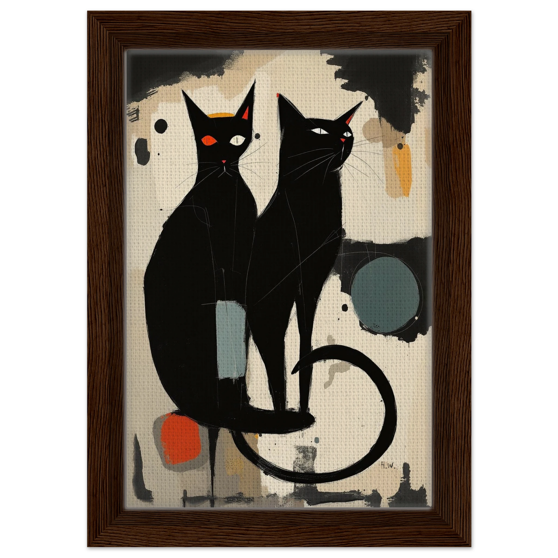 Abstract Crazy Cat Duo Art Print Dark Brown Wood Frame 20x30 cm 8x12″ Framed Canvas