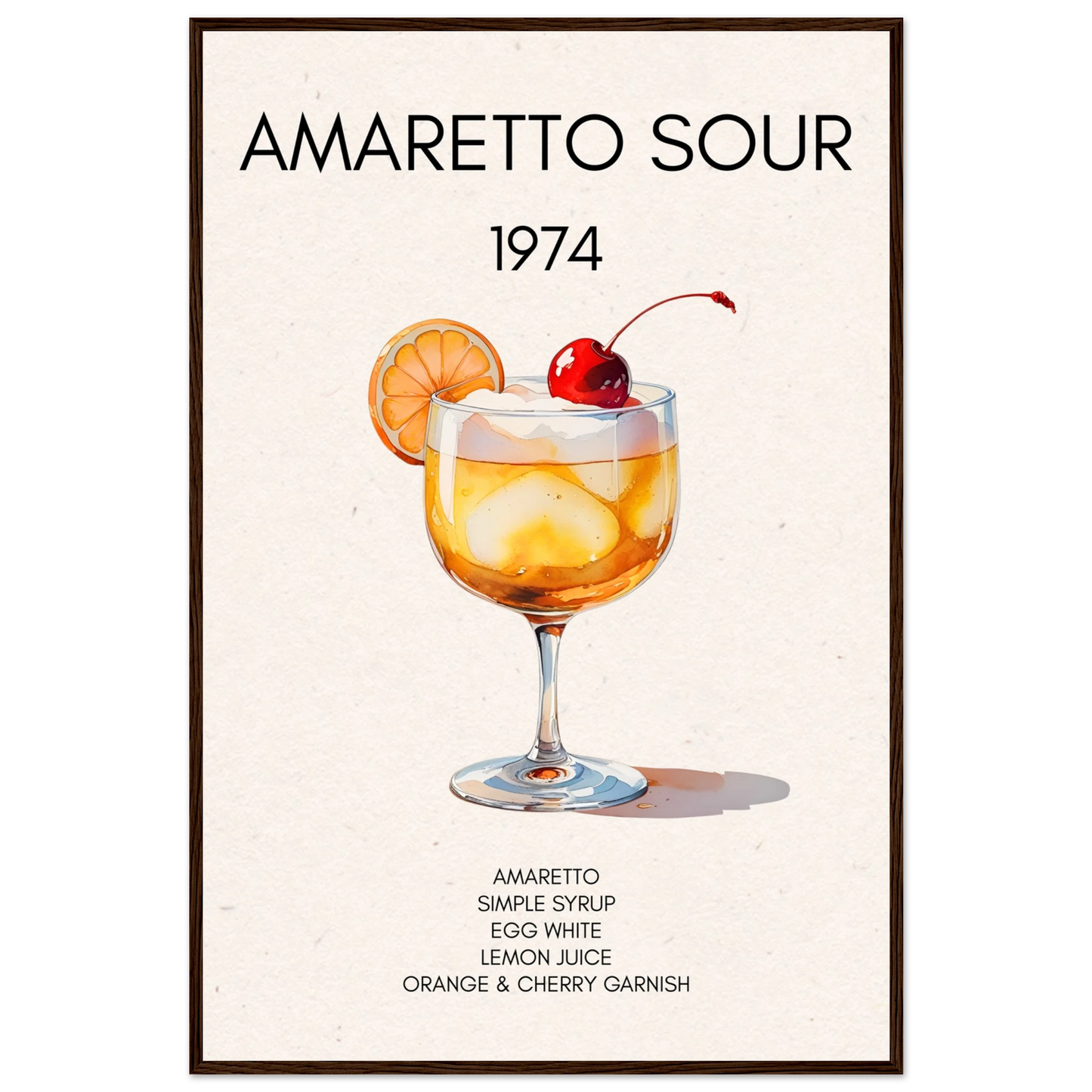 Amaretto Sour Cocktail Bar Art Print Dark Brown Wood Frame 60x90 cm 24x36″ Premium Matte Paper Wooden Framed Poster