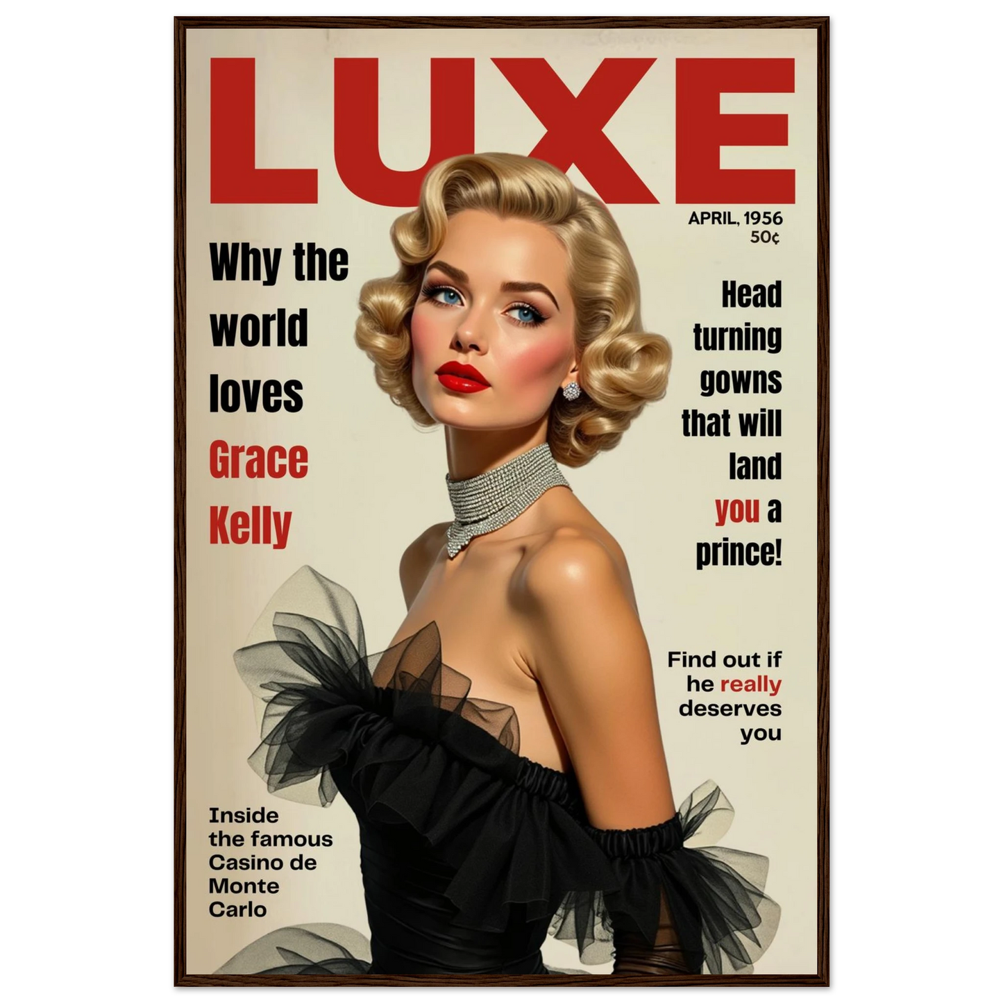 Grace Kelly Hollywood Glam Magazine Art Print Dark Brown Wood Frame 60x90 cm 24x36″ Classic Matte Framed Poster