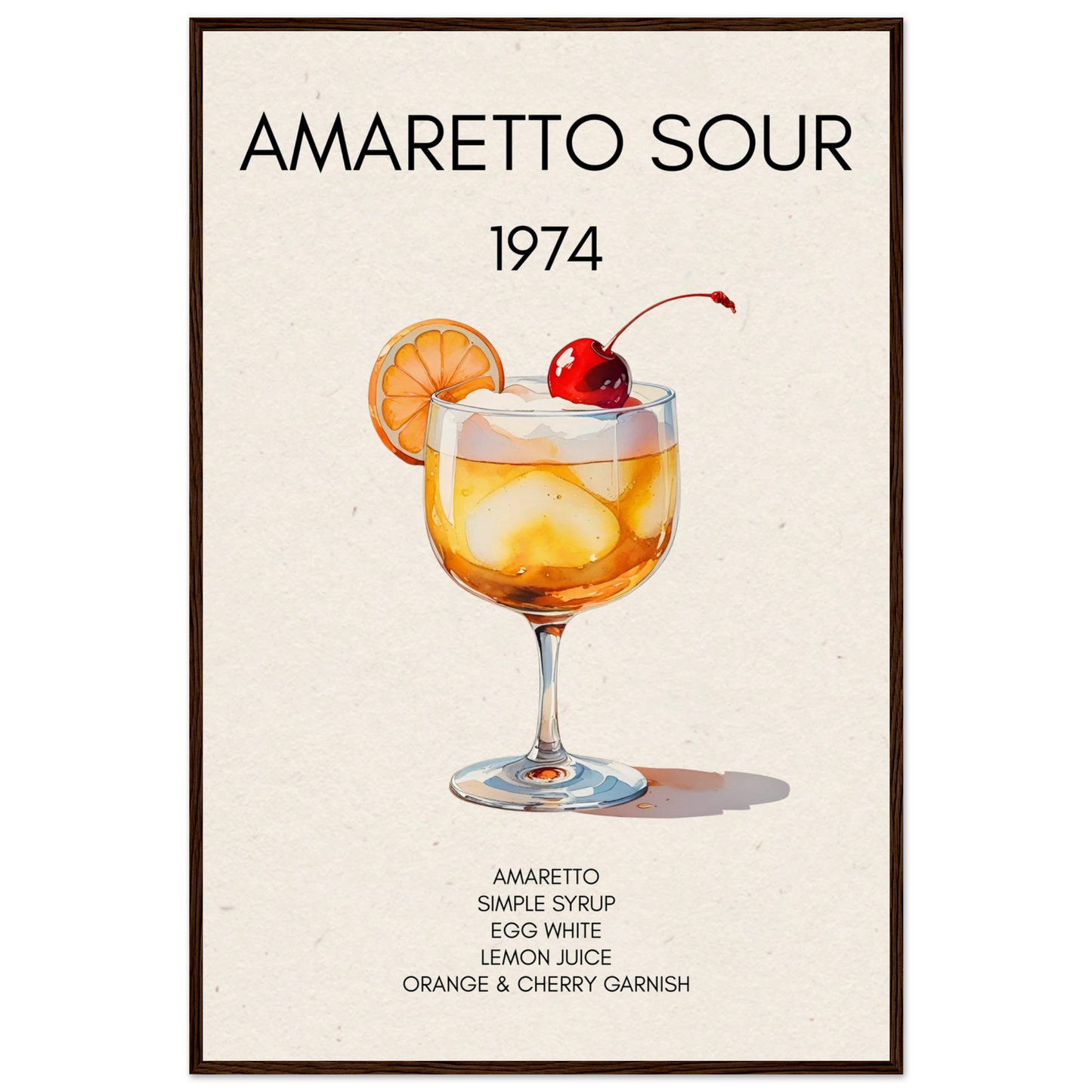 Amaretto Sour Cocktail Bar Art Print Dark Brown Wood Frame 60x90 cm 24x36″ Museum-Quality Matte Paper Wooden Framed Poster
