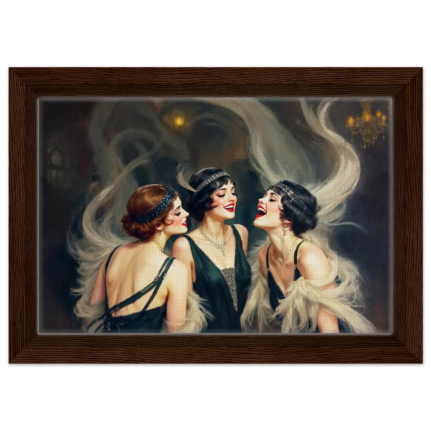 Flapper Girls Speakeasy Gatsby Art Print Dark Brown Wood Frame 20x30 cm 8x12″ Framed Canvas