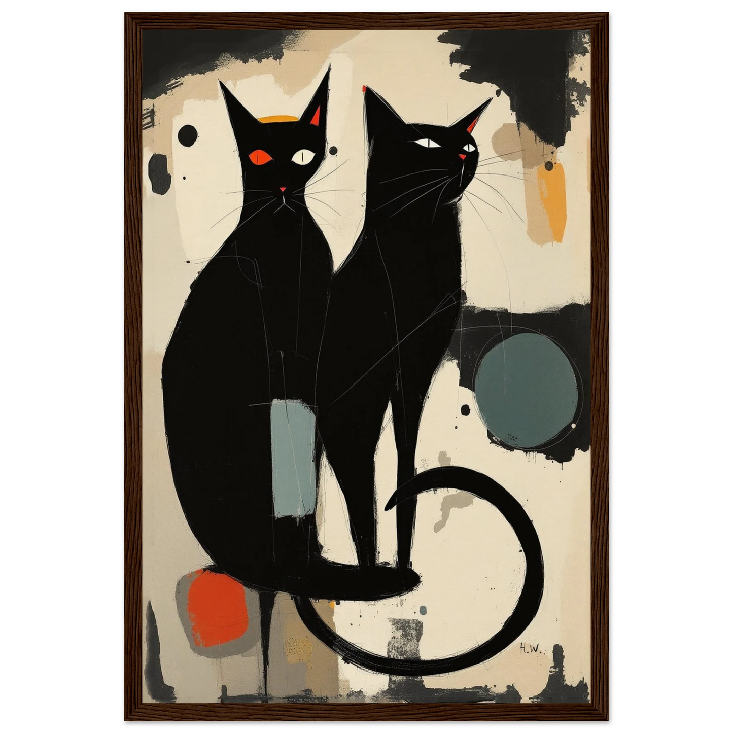 Abstract Crazy Cat Duo Art Print Dark Brown Wood Frame 30x45 cm 12x18″ Museum-Quality Matte Paper Wooden Framed Poster