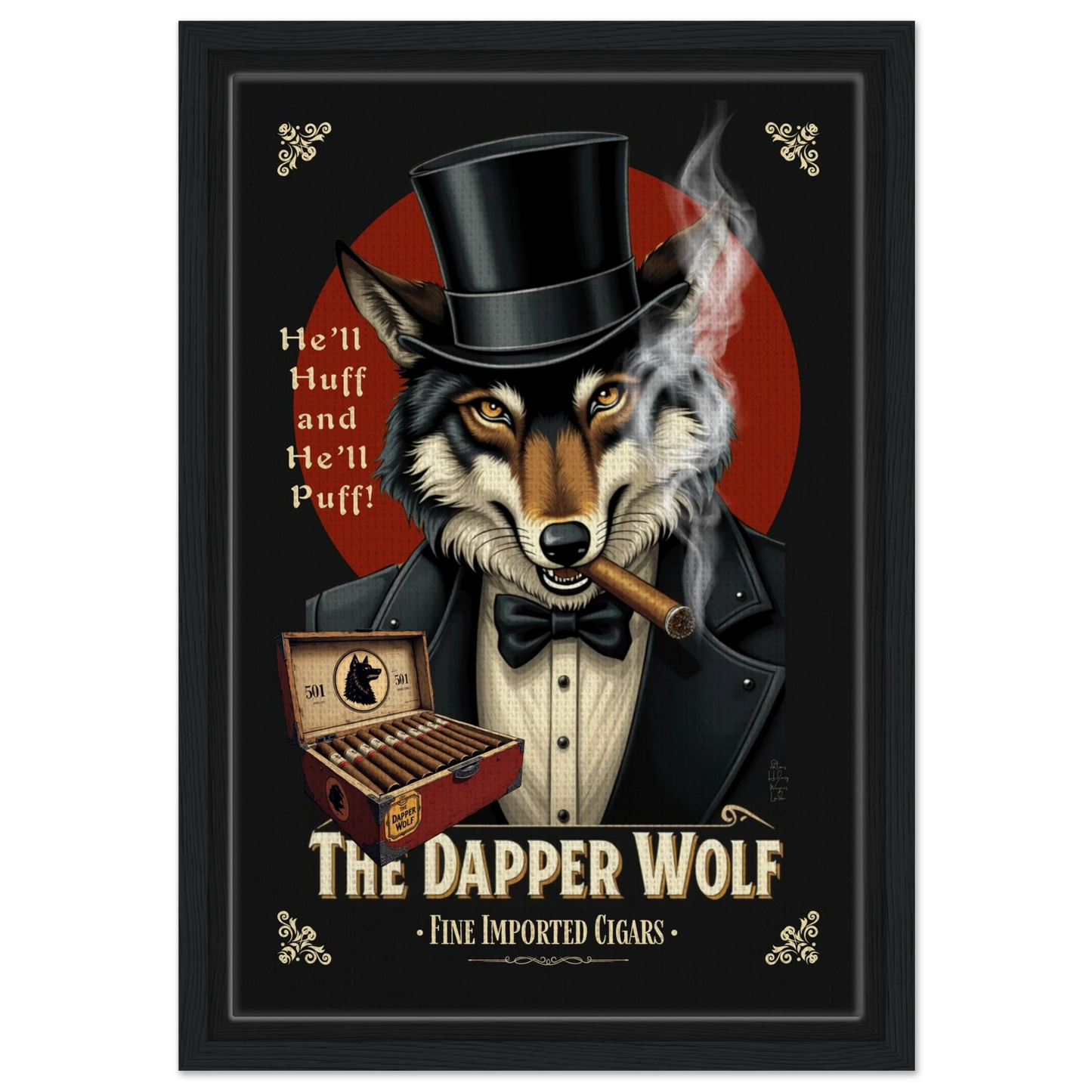 Smoking Wolf Retro Cigar Art Print 30x45 cm 12x18″ Framed Canvas Black Wood frame