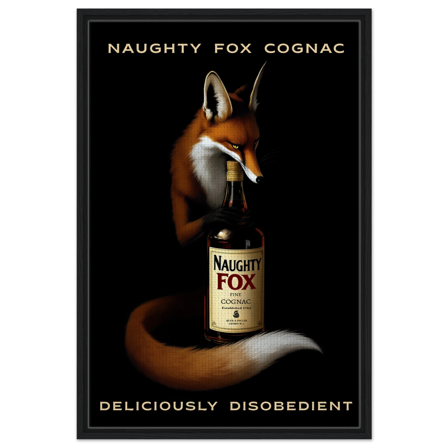 Fox Cognac Cocktail Bar Art Print Black Wood Frame 60x90 cm 24x36″ Framed Canvas