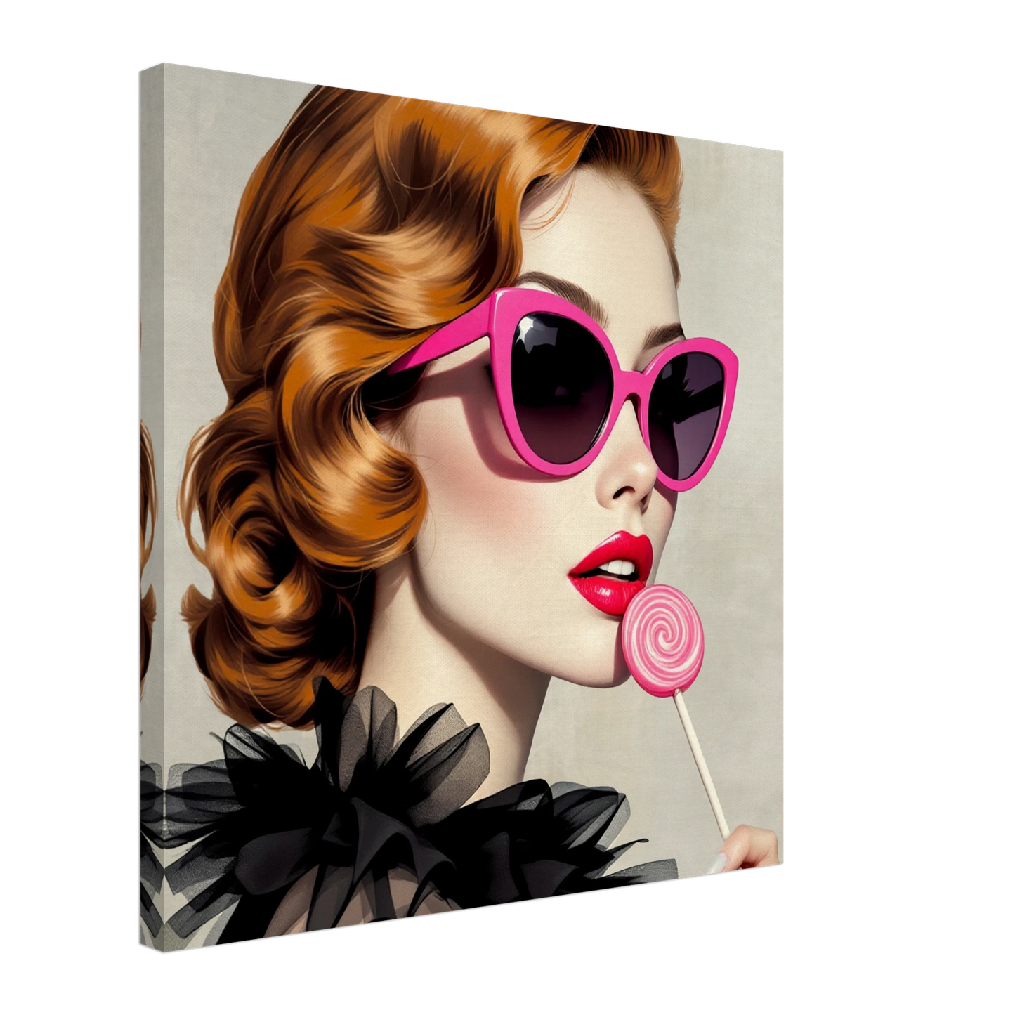 Retro Glam Fashion Model Lollipop Art Print Gallery Wrapped Canvas 60x60 cm 24x24″