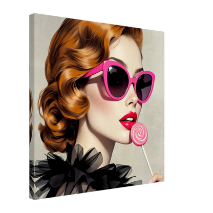 Retro Glam Fashion Model Lollipop Art Print Gallery Wrapped Canvas 60x60 cm 24x24″