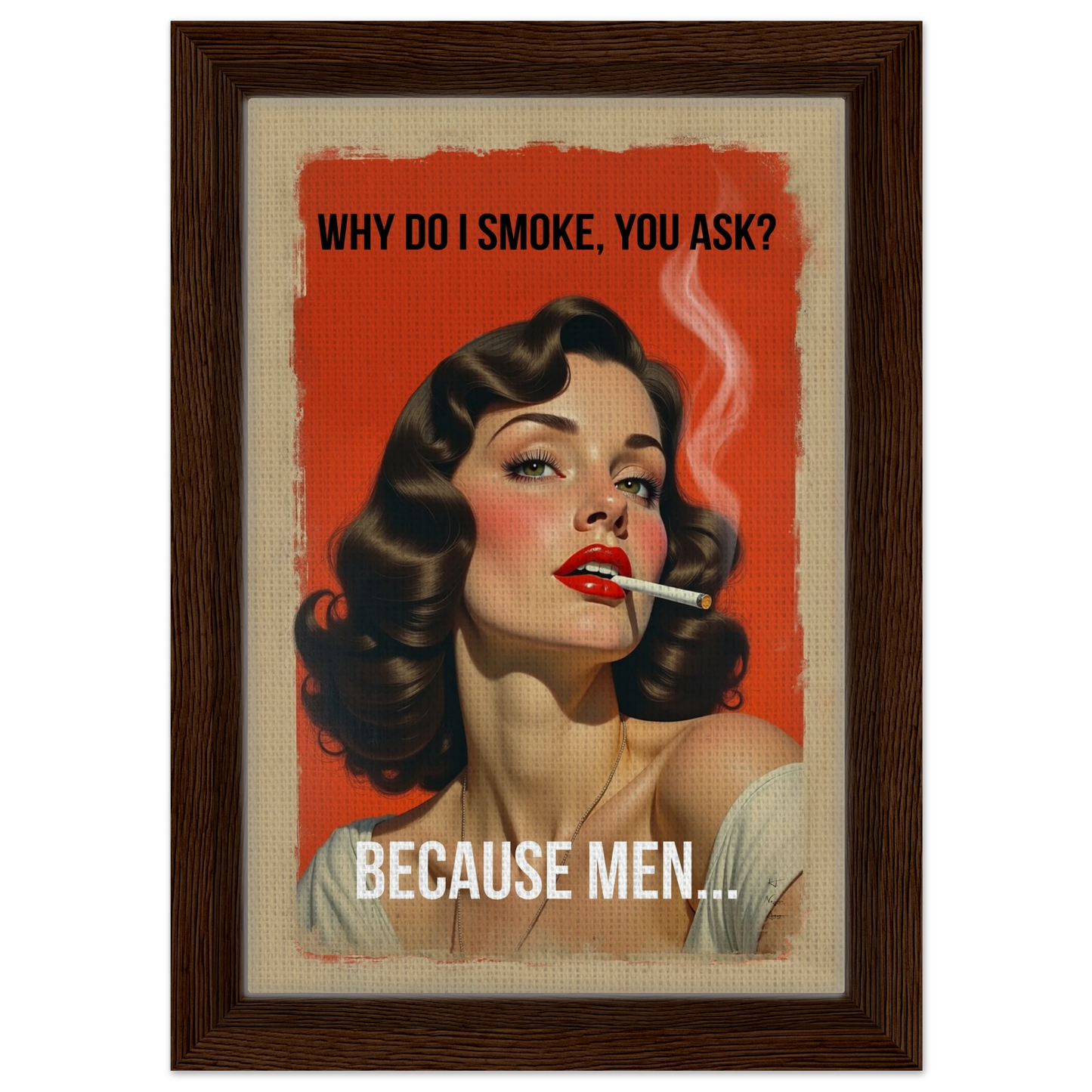 Retro Smoking Pin-Up Girl Art Print Dark Brown Wood Frame 20x30 cm 8x12″ Framed Canvas