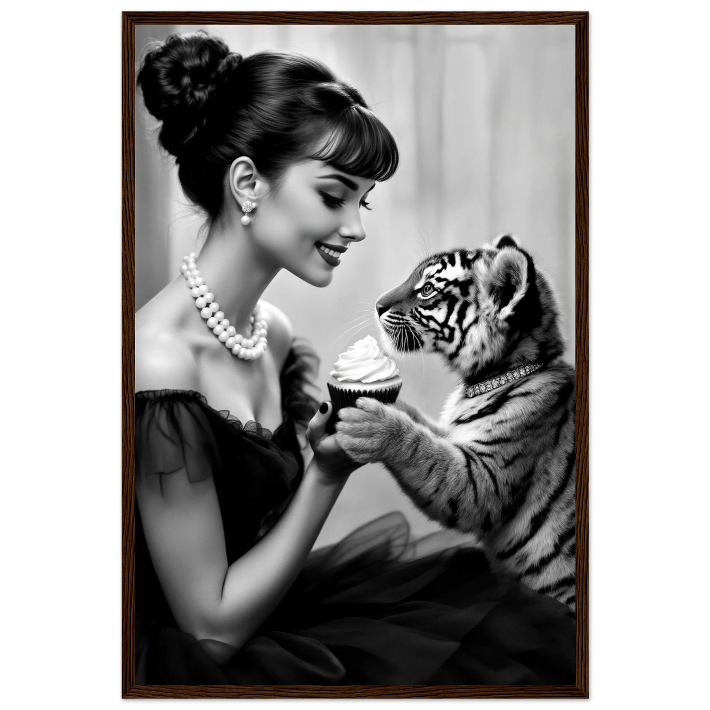 Audrey Hepburn Tiger Cub Art Print Dark Brown Wood Frame 40x60 cm 16x24″ Premium Matte Paper Wooden Framed Poster