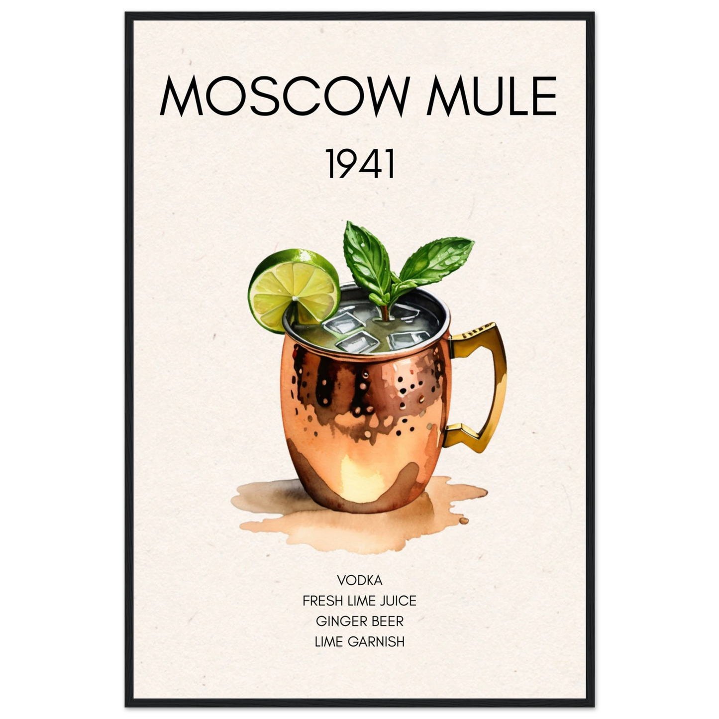 Moscow Mule Cocktail Bar Poster Print Black Wood Frame 60x90 cm 24x36″ Classic Matte Paper Wooden Framed Poster