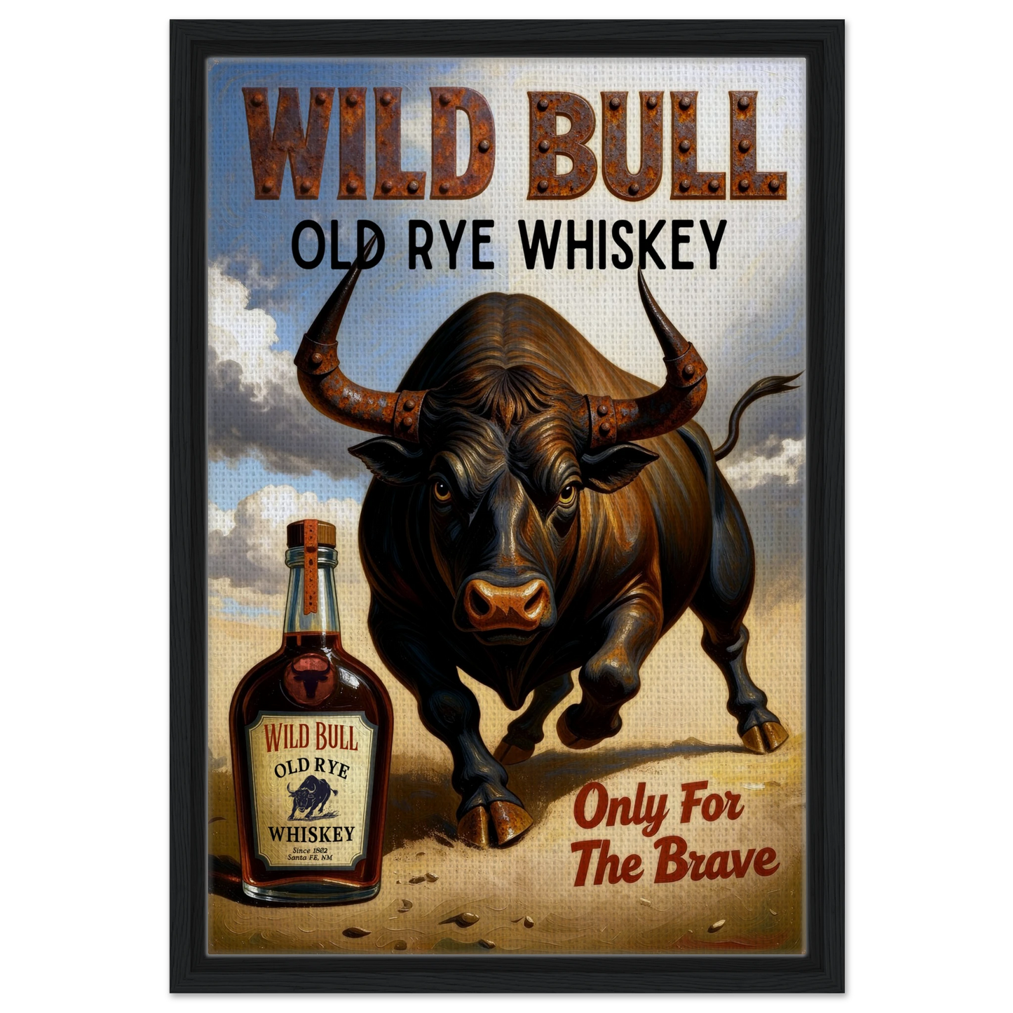 Wild Bull Old West Rye Whiskey Poster Print 40x60 cm 16x24″ Framed Canvas Black Wood Frame