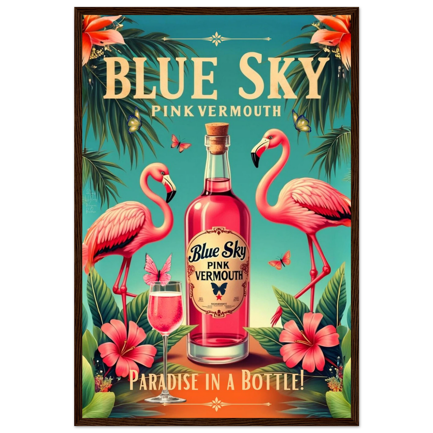 Vintage Pink Flamingo Tiki Bar Art Print 40x60 cm 16x24″ Premium Semi-Glossy Paper Wooden Framed Poster Dark Brown Wood Frame