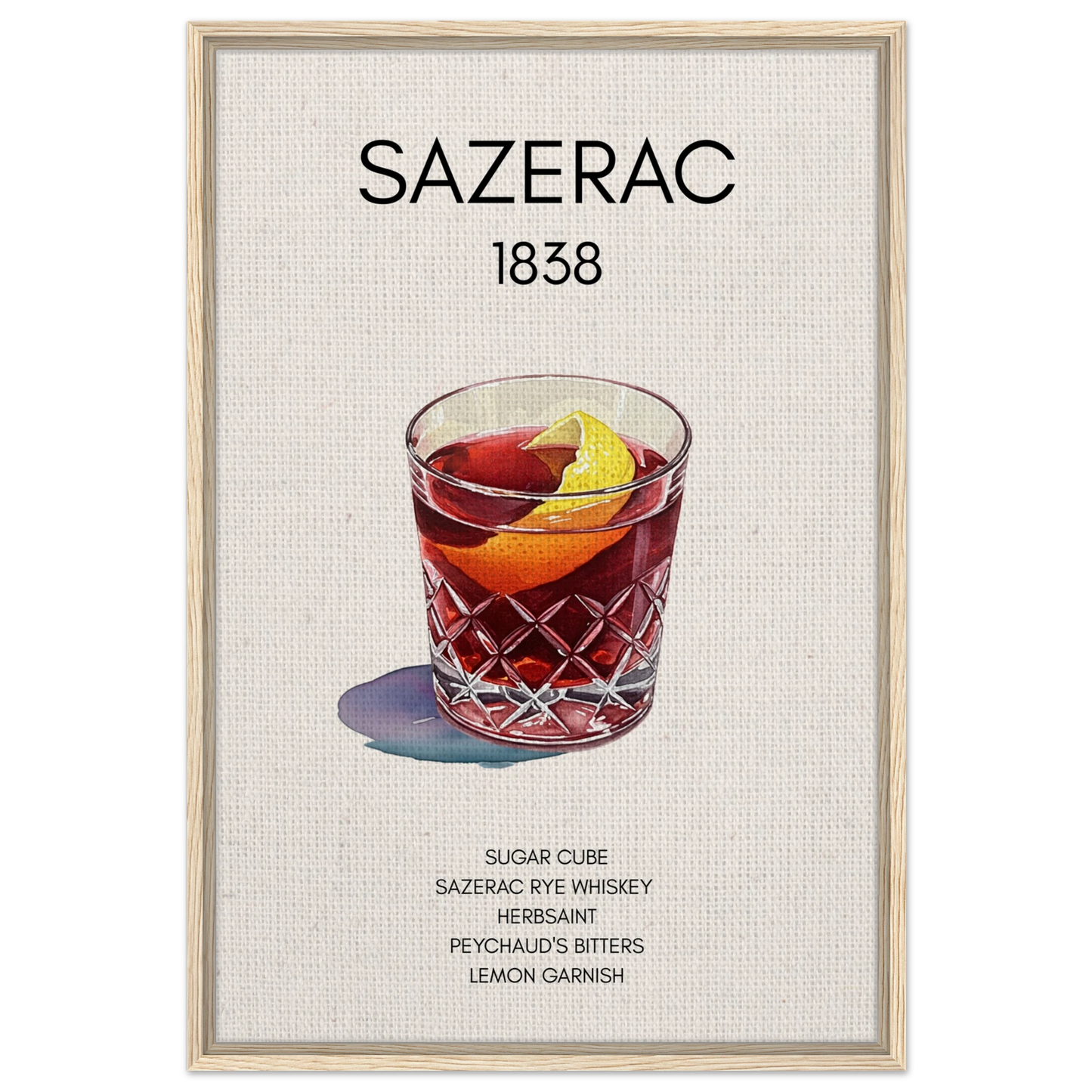 Sazerac Cocktail Bar Poster Print Light Wood Frame 60x90 cm 24x36″ Framed Canvas