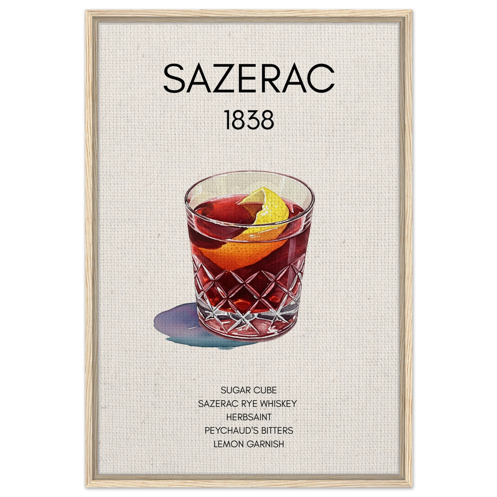 Sazerac Cocktail Bar Art Print Light Wood Frame 60x90 cm 24x36″ Framed Canvas