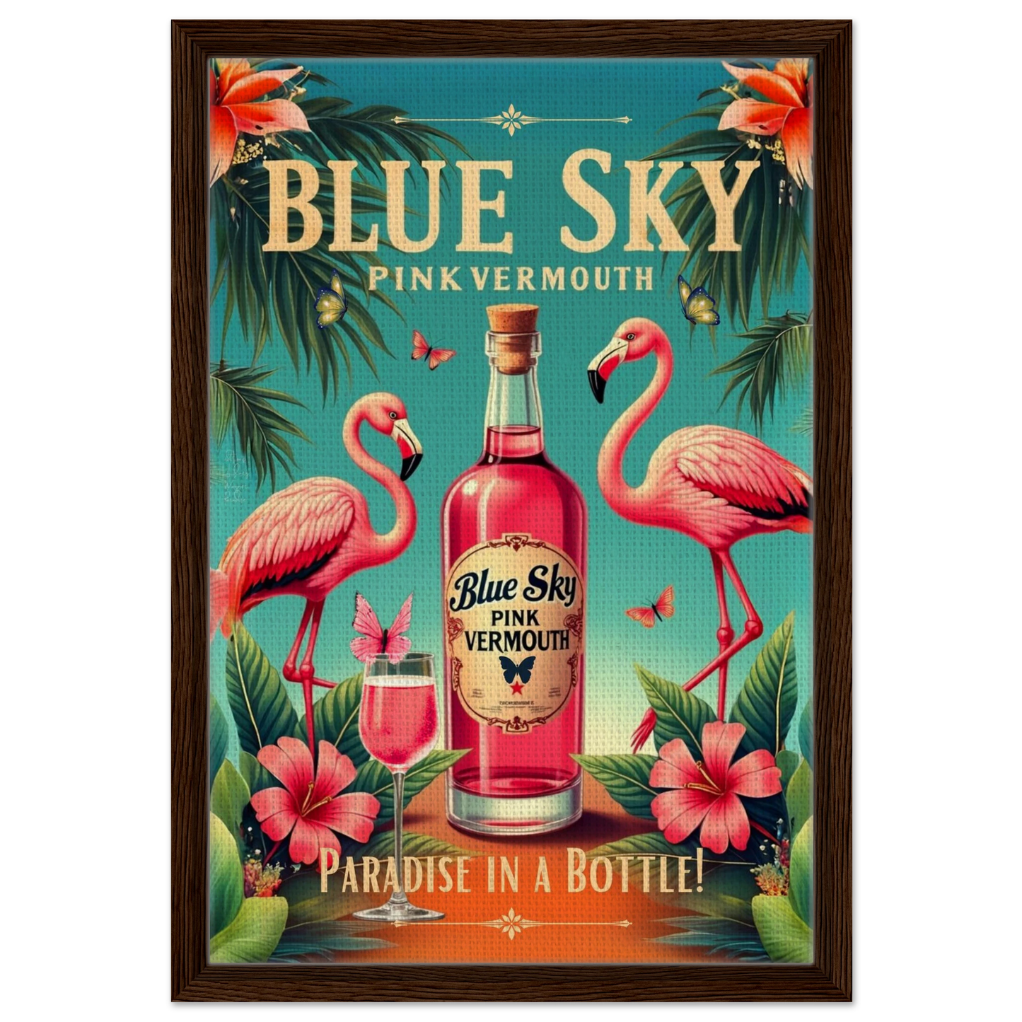 Vintage Pink Flamingo Tiki Bar Art Print 40x60 cm 16x24″ Framed Canvas Dark Brown Wood Frame