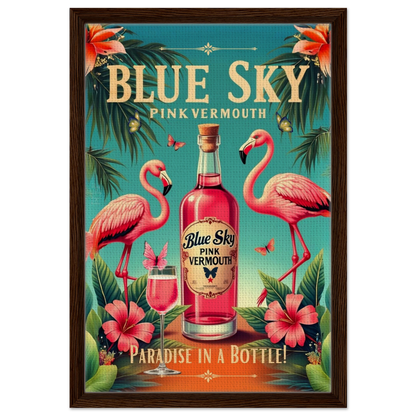 Vintage Pink Flamingo Tiki Bar Art Print 40x60 cm 16x24″ Framed Canvas Dark Brown Wood Frame