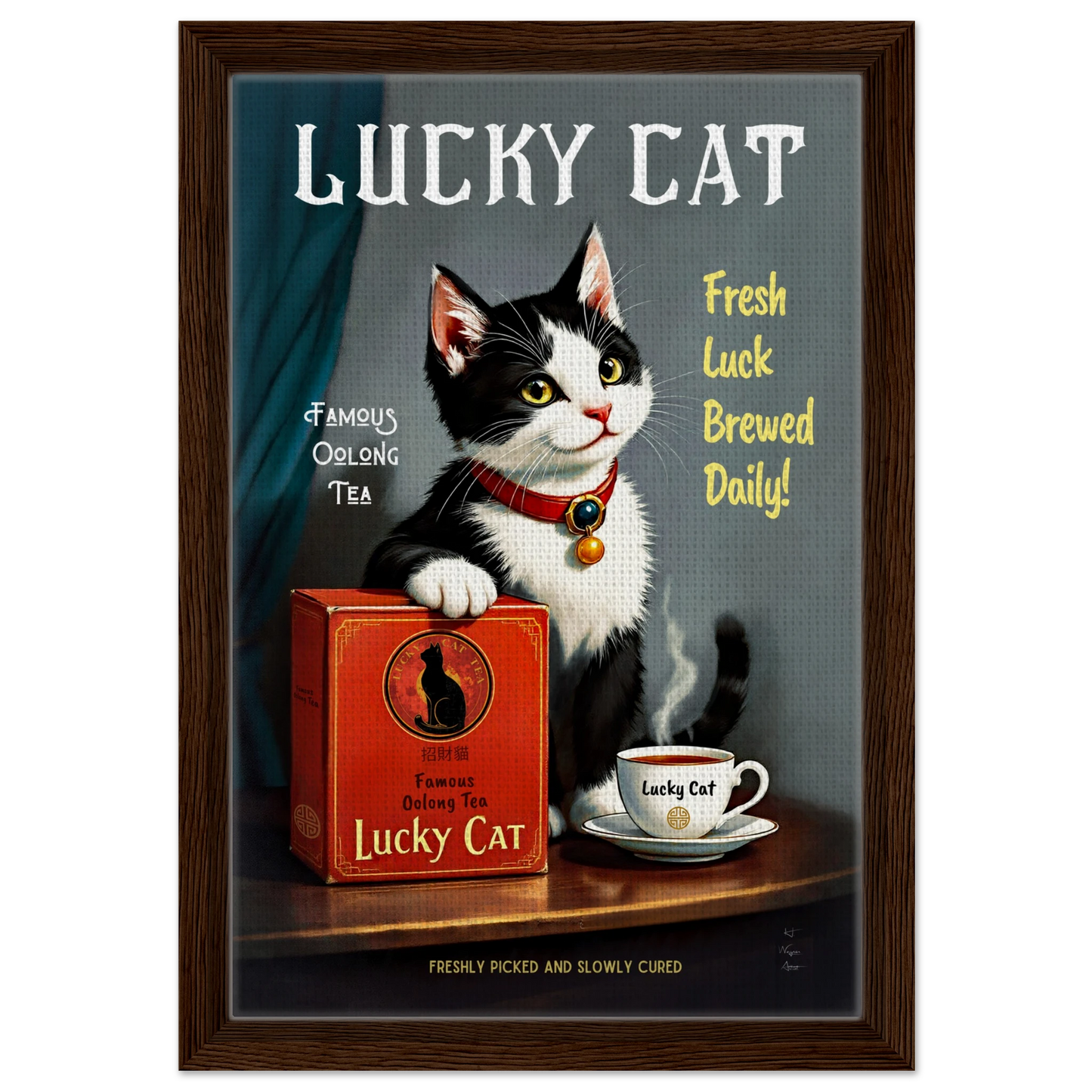 Lucky Tuxedo Cat Tea Kitchen Art Print 30x45 cm 12x18″ Framed Canvas Dark Brown Wood Frame