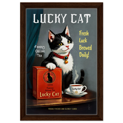 Lucky Tuxedo Cat Tea Kitchen Art Print 30x45 cm 12x18″ Framed Canvas Dark Brown Wood Frame