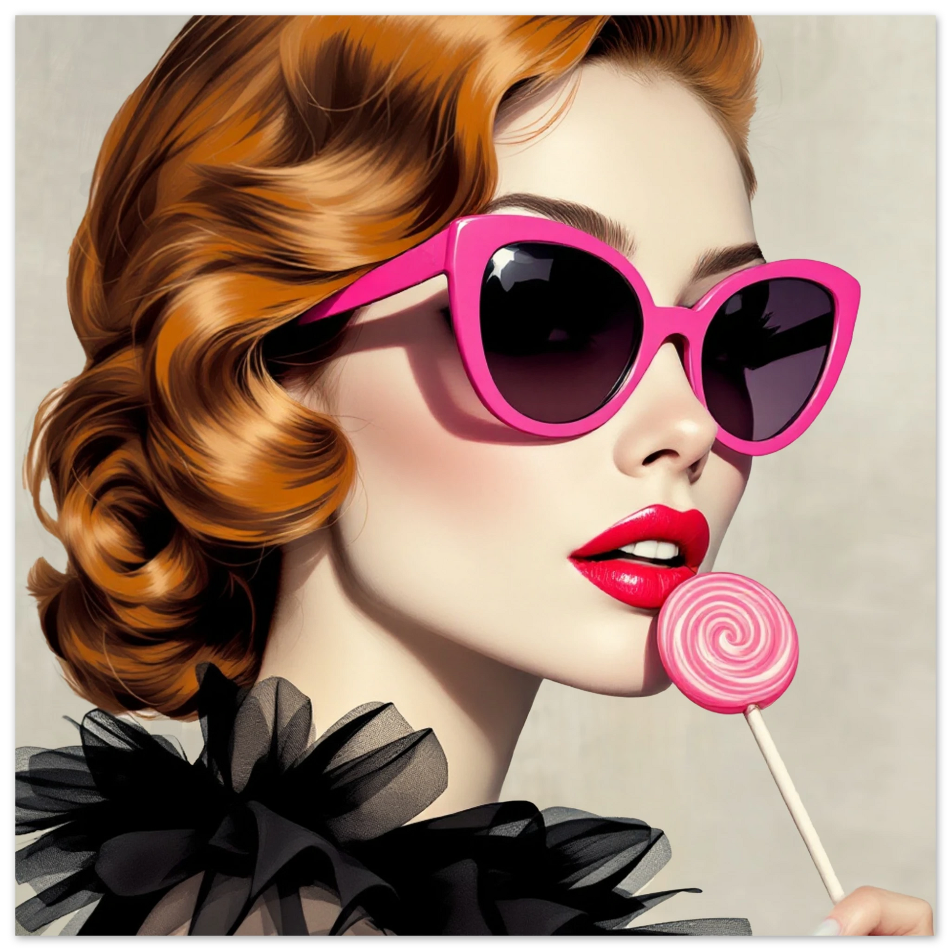 Retro Glam Fashion Model Lollipop Art Print Premium Matte Paper Poster 45x45 cm 18x18″