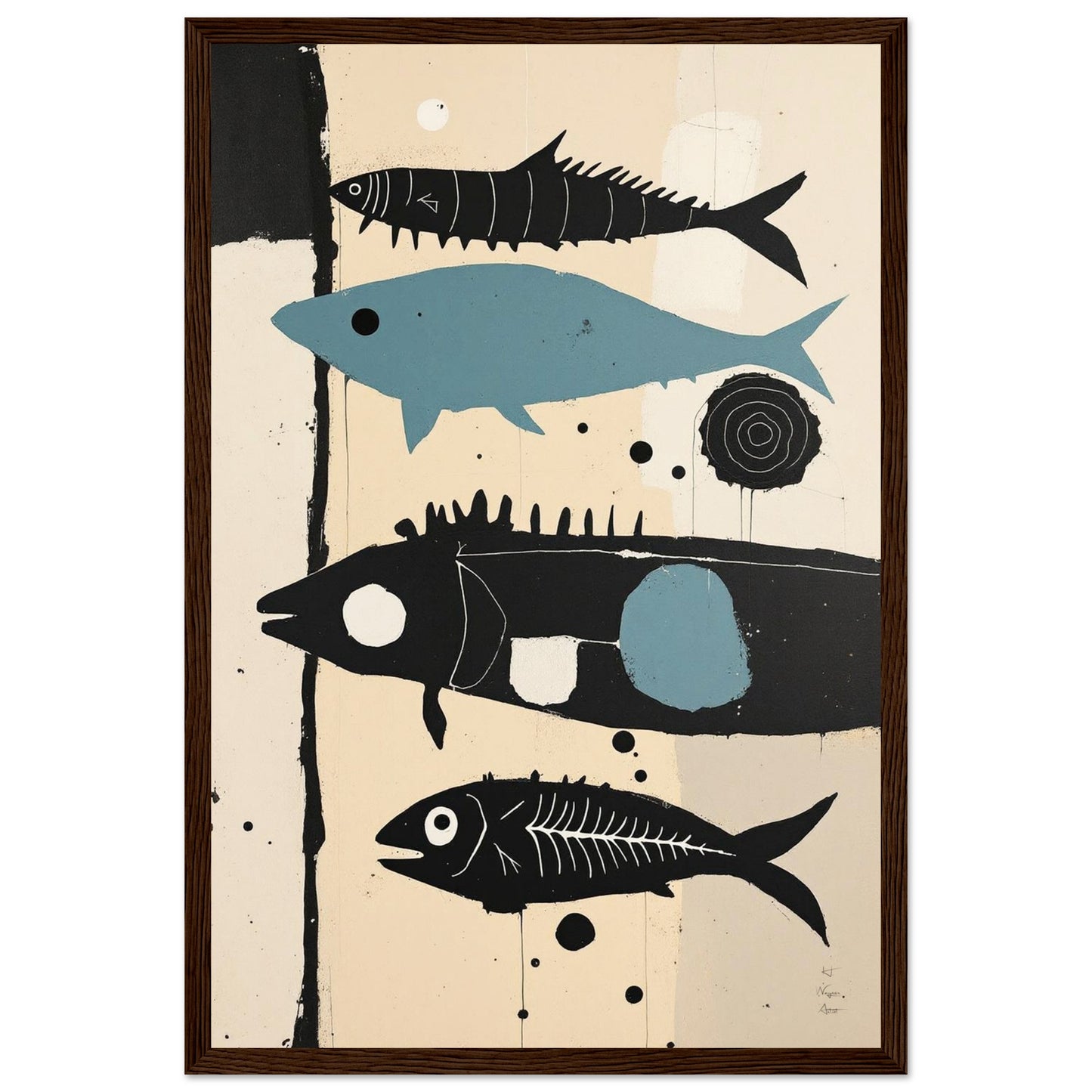Mid-Century Modern Fish Art Poster Print – Framed Abstract Neutral Wall Decor Black Wood Frame 40x60 cm 16x24″ Framed Canvas