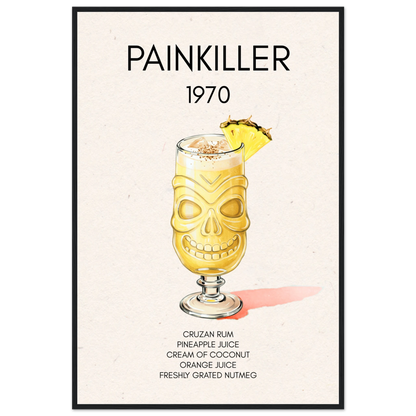 Painkiller Cocktail Bar Art Tiki Print Black Wood Frame 60x90 cm 24x36″ Premium Matte Paper Wooden Framed Poster