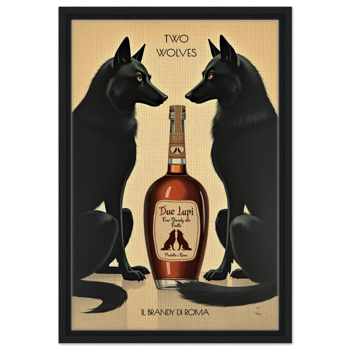 Two Wolves Italian Cocktail Bar Art Print 40x60 cm 16x24″ Framed Canvas Black Wood Frame
