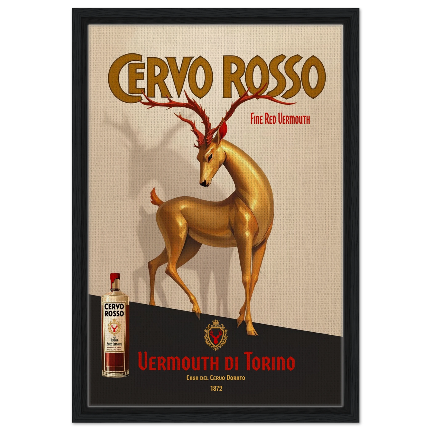 Art Deco Golden Deer Cocktail Bar Poster Print 40x60 cm 16x24″ Framed Canvas Black Wood Frame